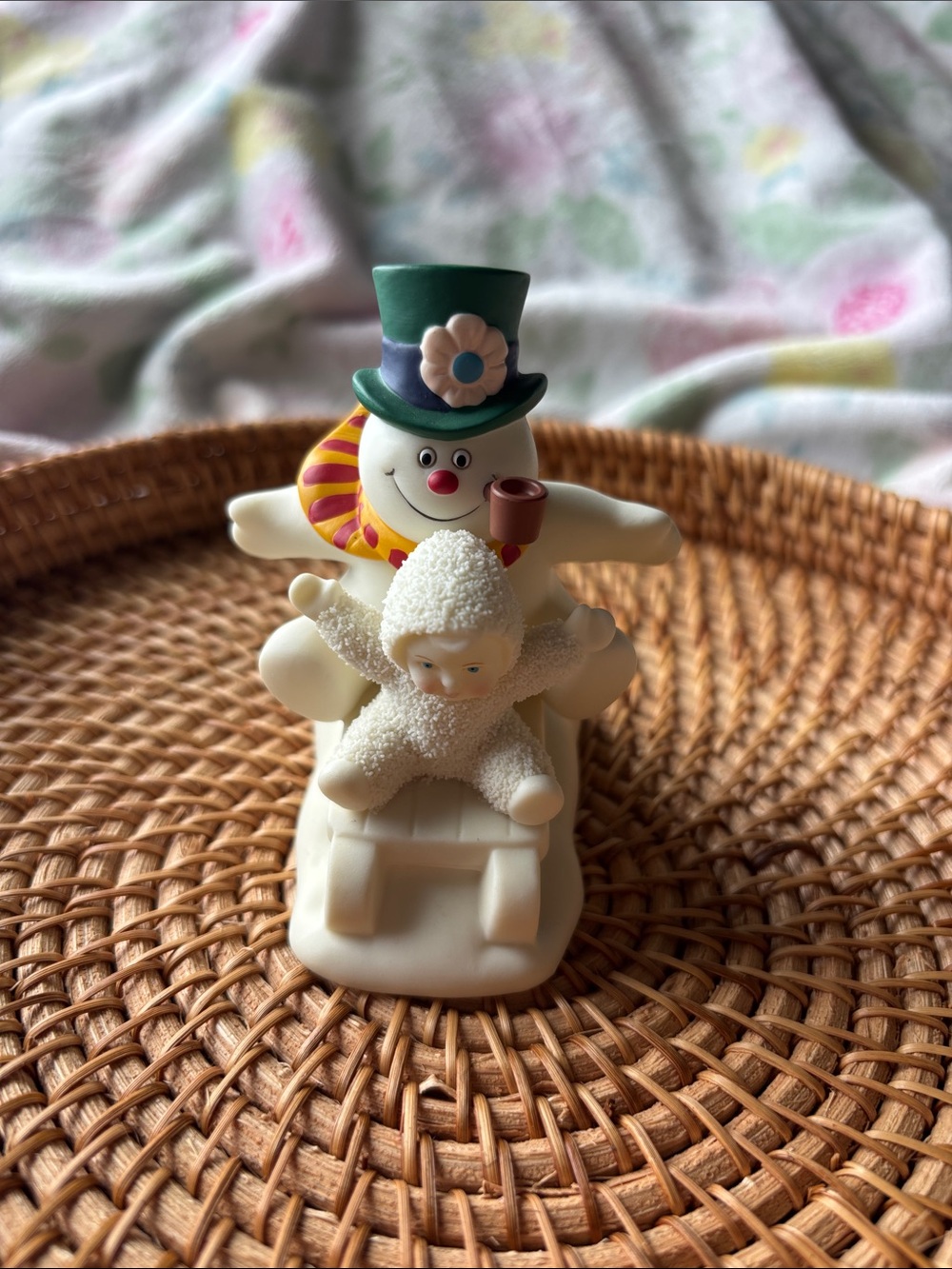 Snowman on Sled Figurine with Child - Cream, Green, Yellow